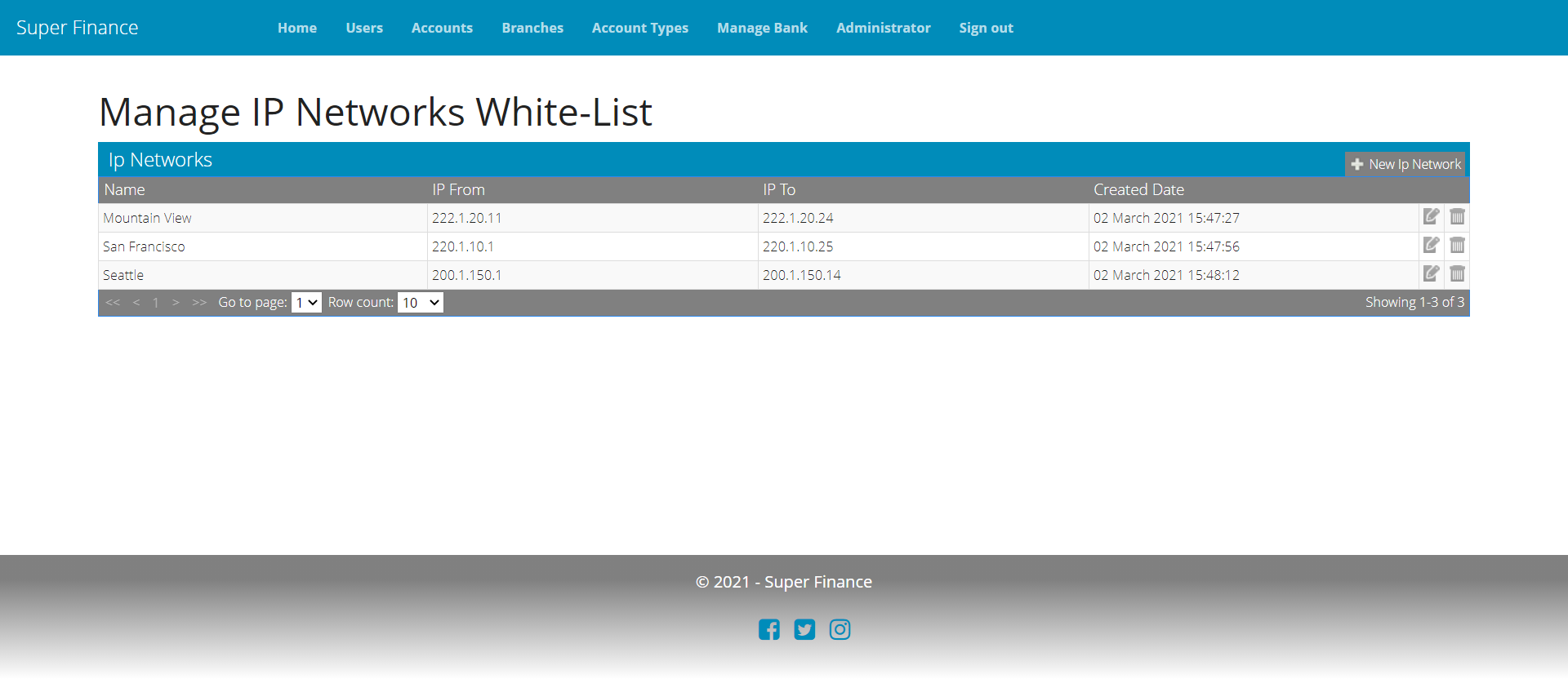 Showing bank firewall IP ranges management page