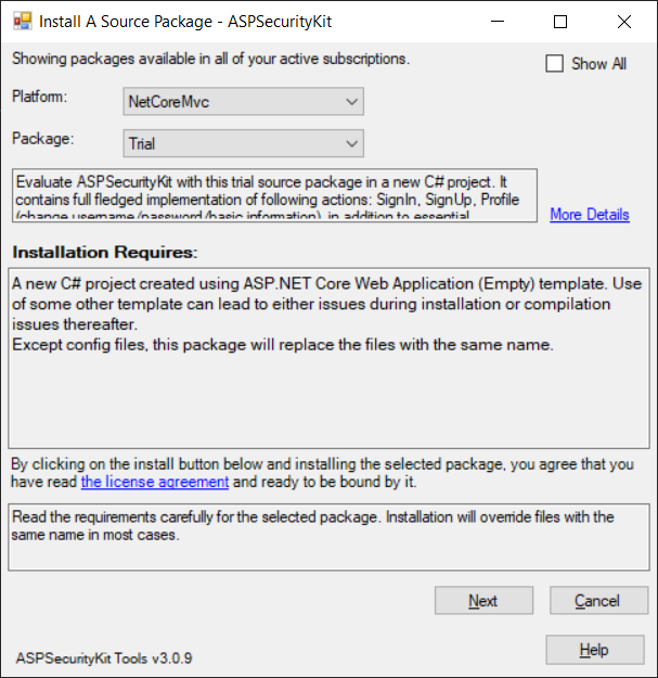 NetCore platform and Trial source Package selections on the installer form - step one