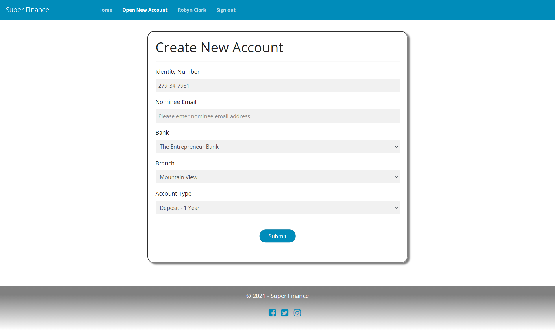 SuperFinance open new account page for customer