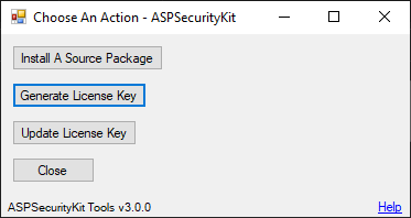 Choose an Action form - Generate License Key button