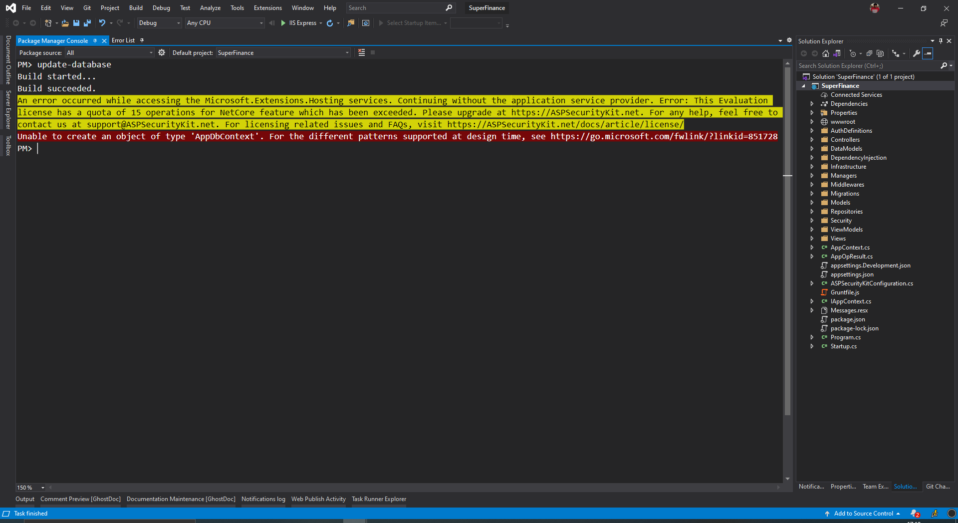 update database fails without license