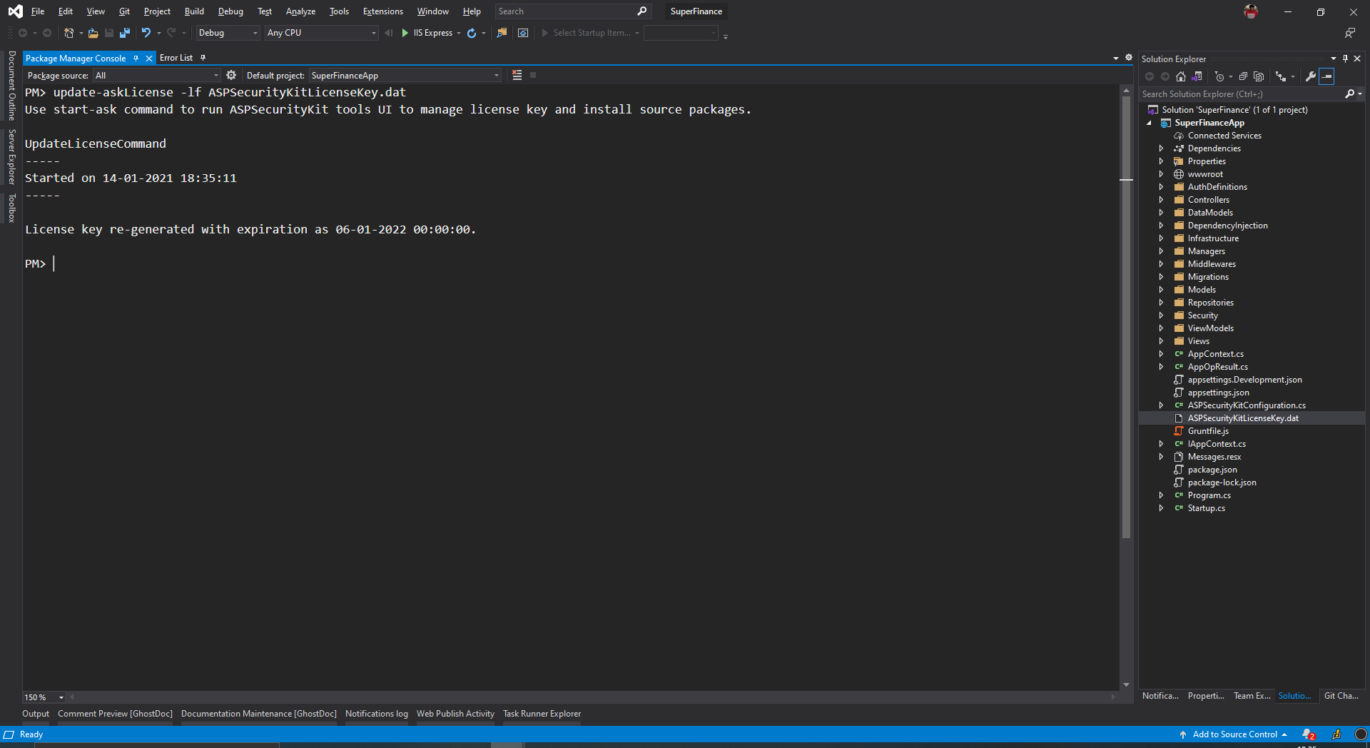 Package console manager showing execution of update-askLicense command with license updated success message