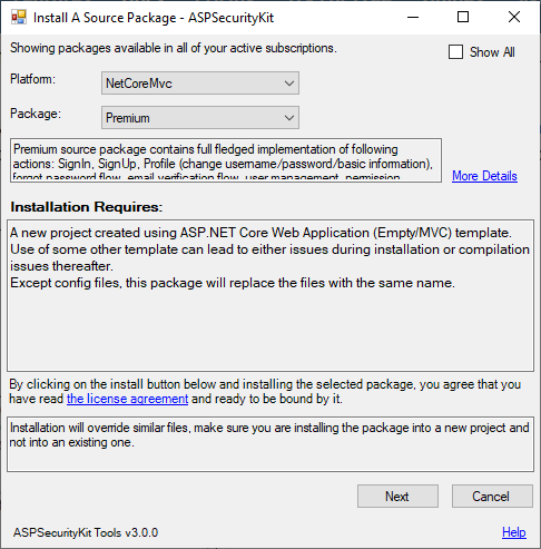 Source Package installation step one - Platform and Package selection