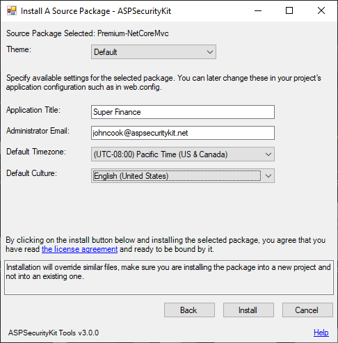 Source Package installation step two - options and settings