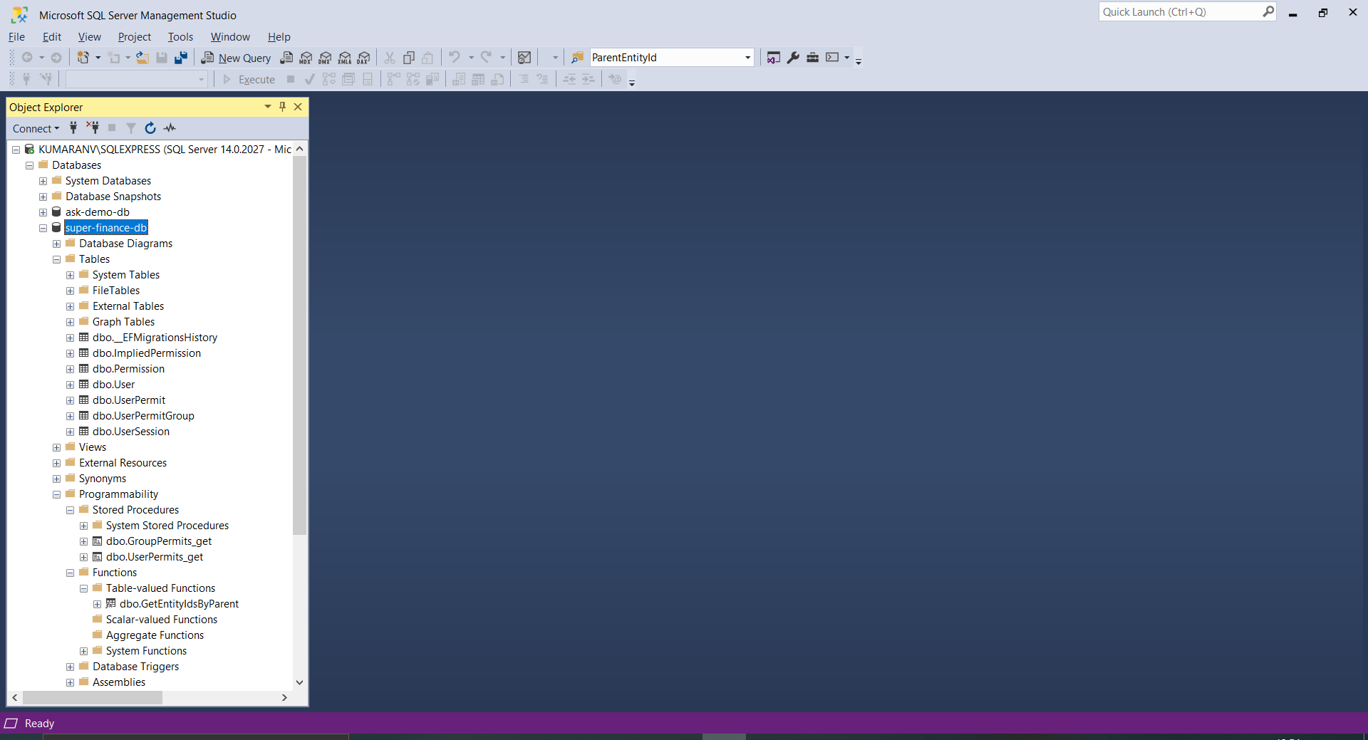 Sql server management studio object explorer showing database tables and SPs created by EF migration that comes with ASPSecurityKit Starter Package