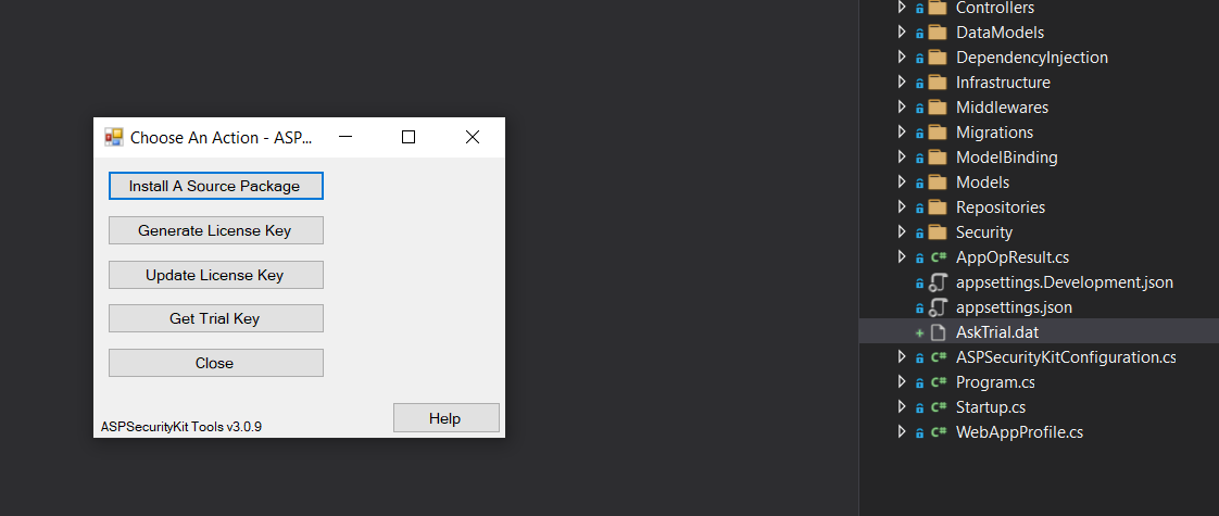 Solution explorer showing ASPSecurityKit trial key File, AskTrial.dat