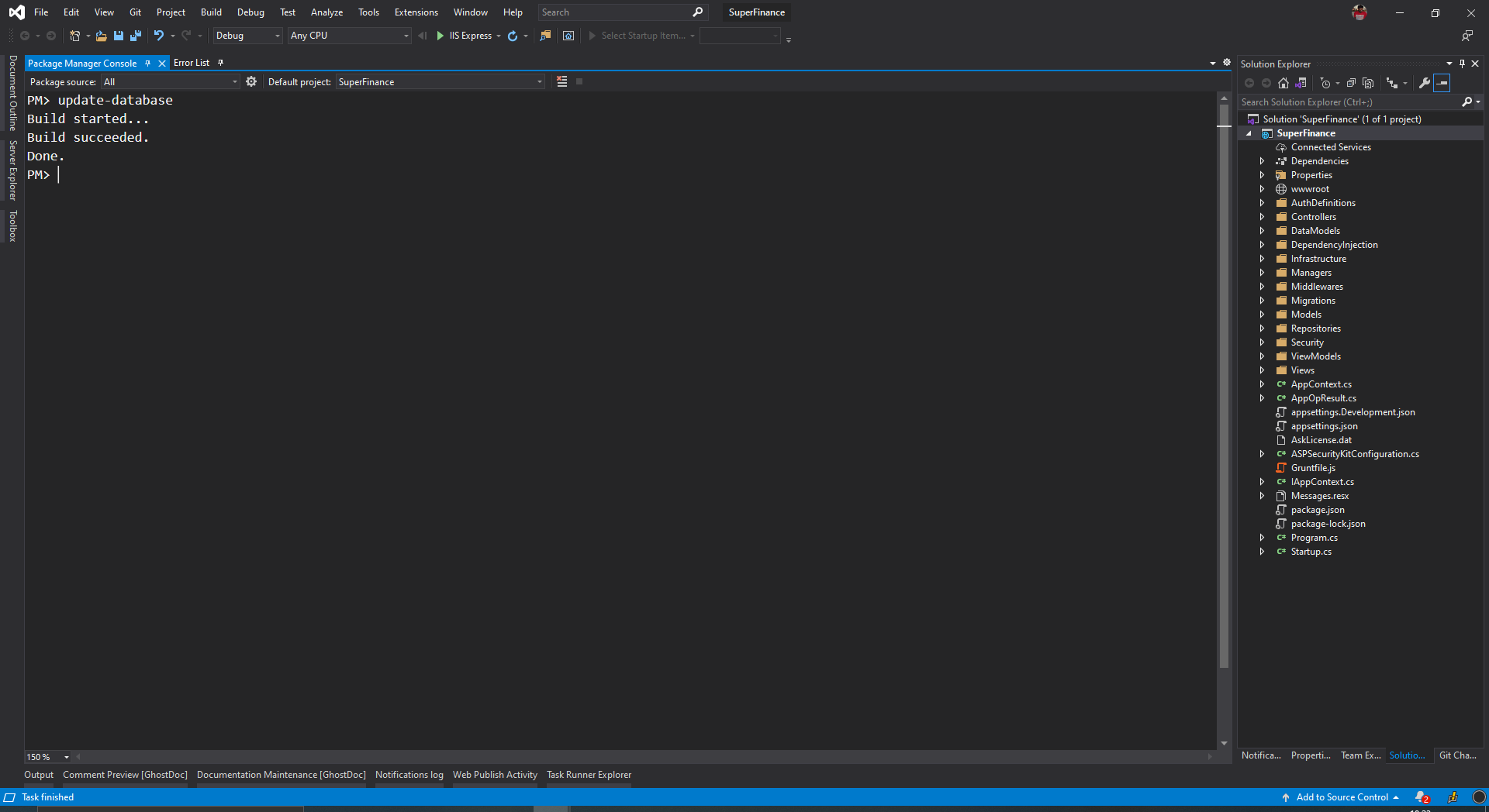 Package manager console showing result of update-database command execution
