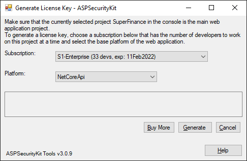 NetCoreApi platform selection on the Generate License Key form