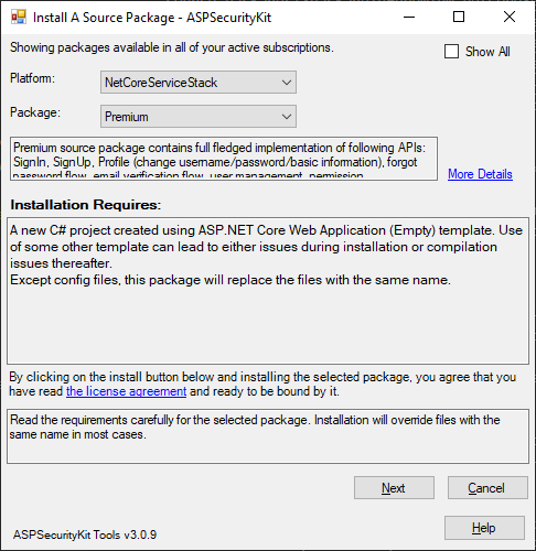 NetCoreServiceStack platform and Premium source Package selections on the installer form