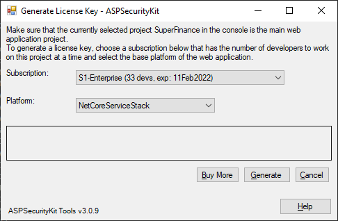 NetCoreServiceStack platform selection on the Generate License Key form