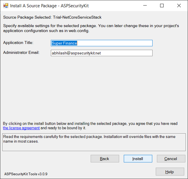 Application configuration form - installation step two