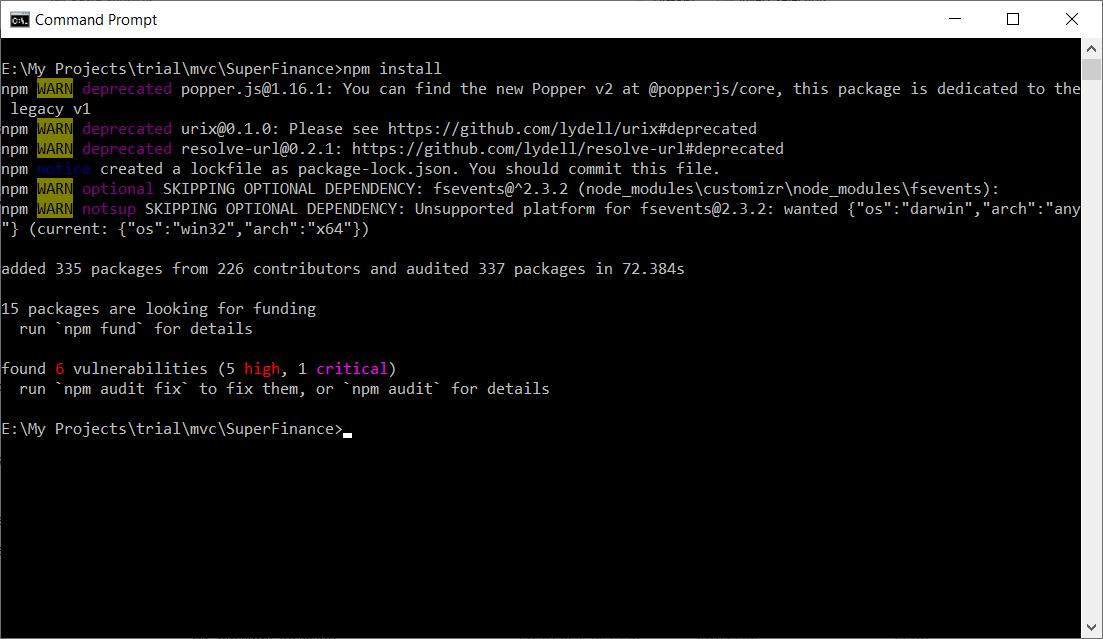 NodeJS command prompt showing result of npm install command execution