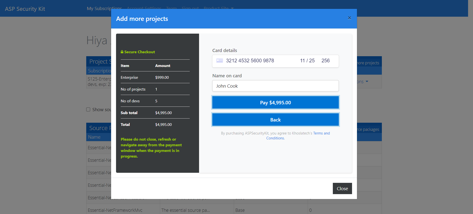 Add more projects payment details popup
