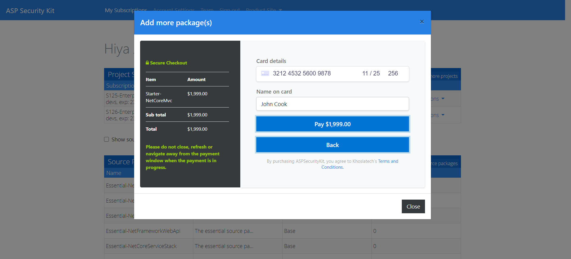 Add more source packages payment details popup