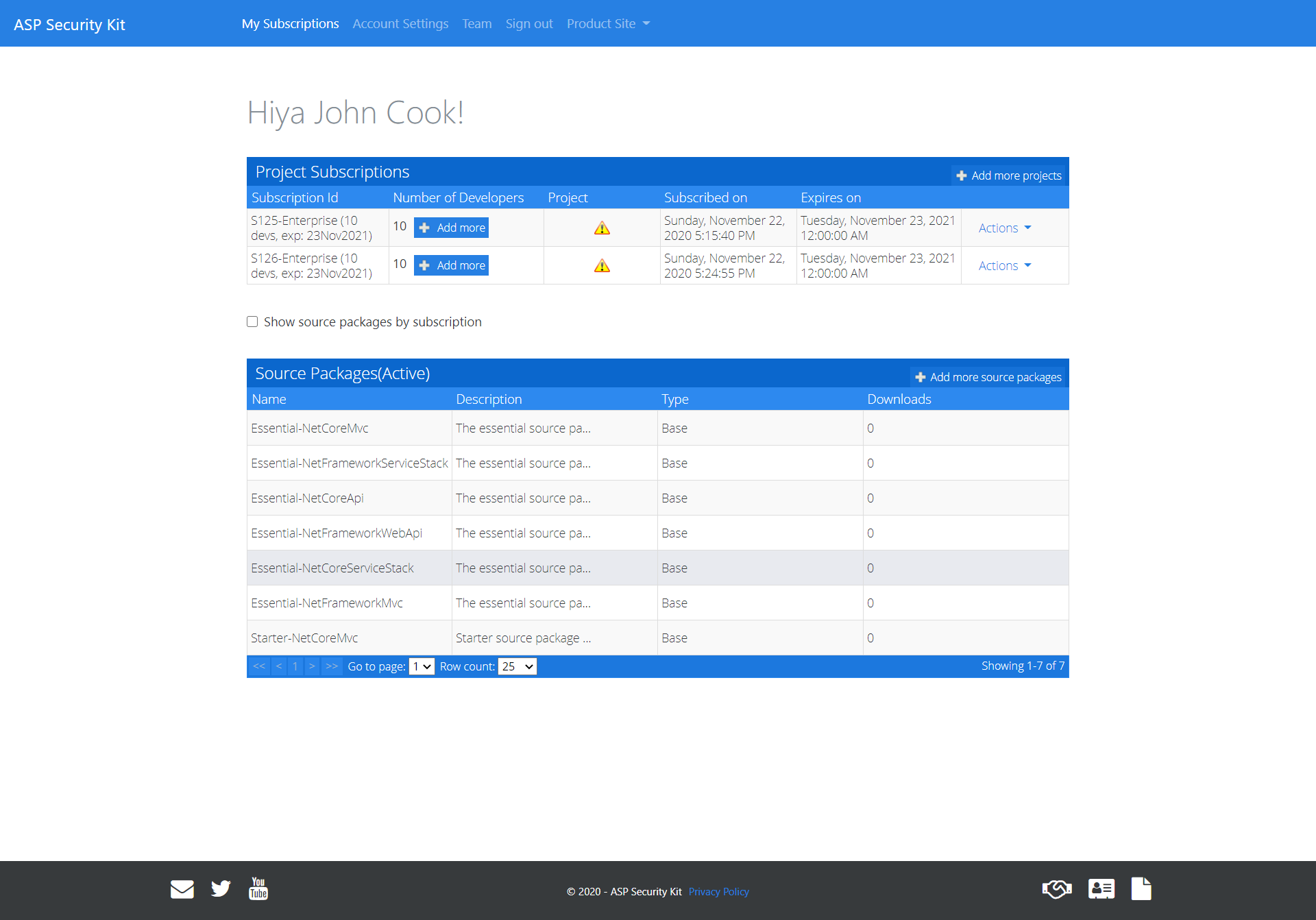 Showing the added source packages in the subscriptions page