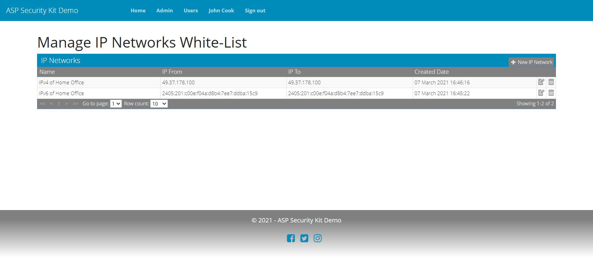 white-listed ip networks grid screen