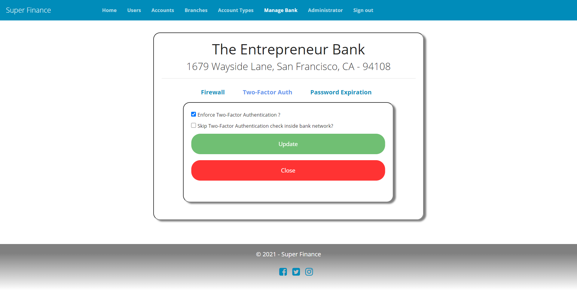 Showing bank 2FA policy page