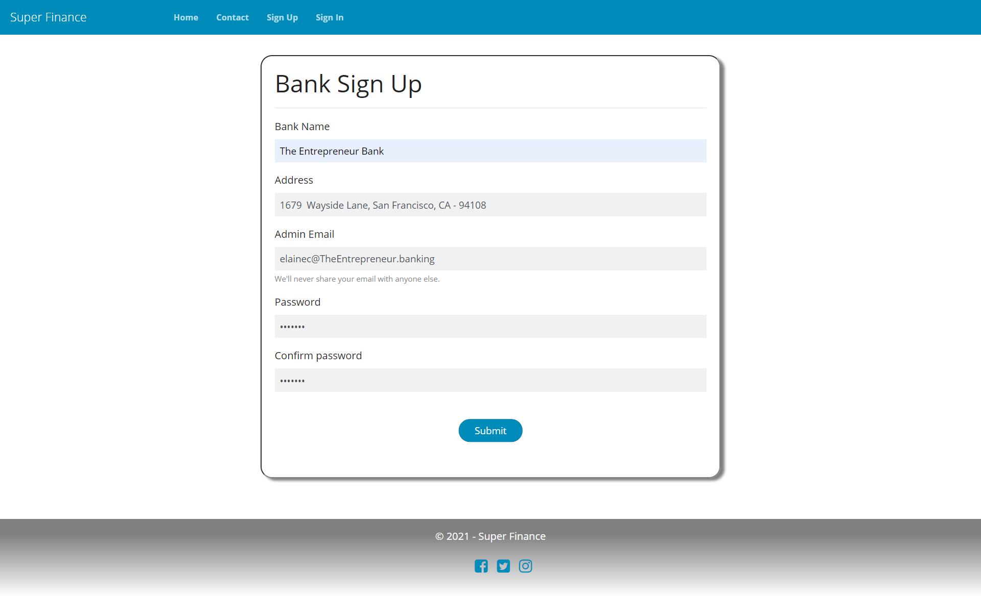 SuperFinance bank signup page