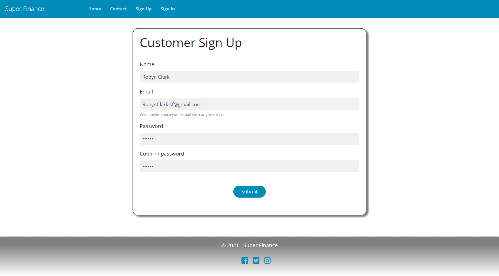 SuperFinance customer signup page