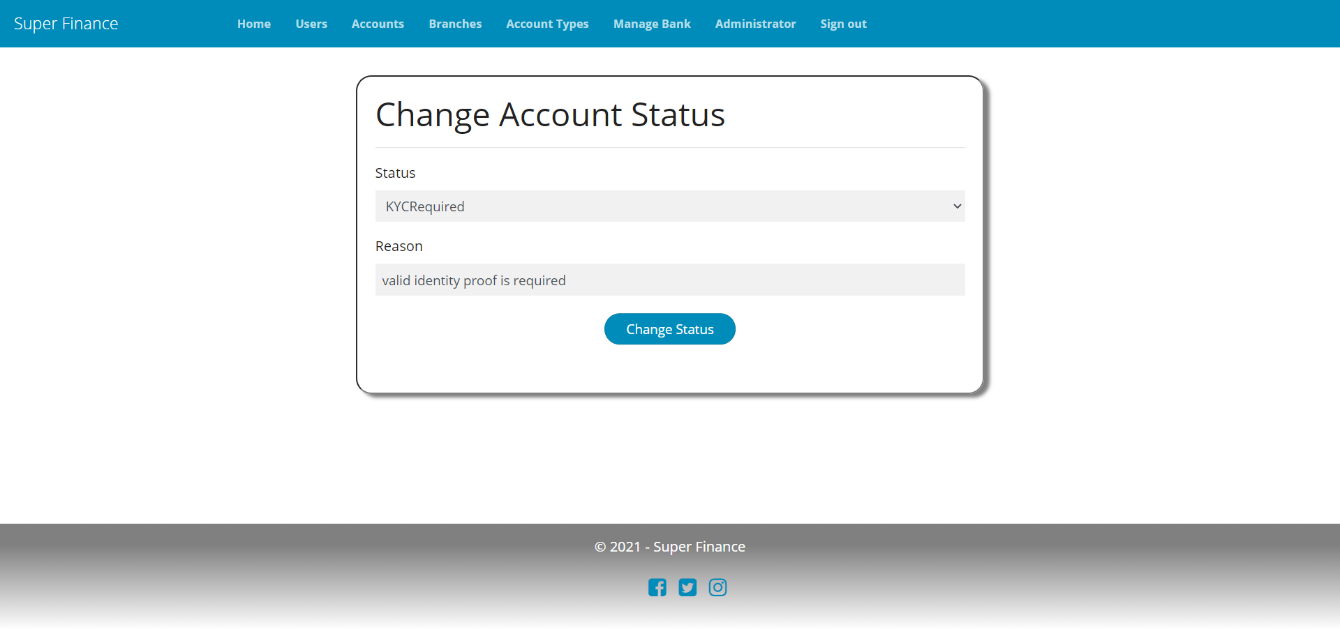 Showing account status changing page