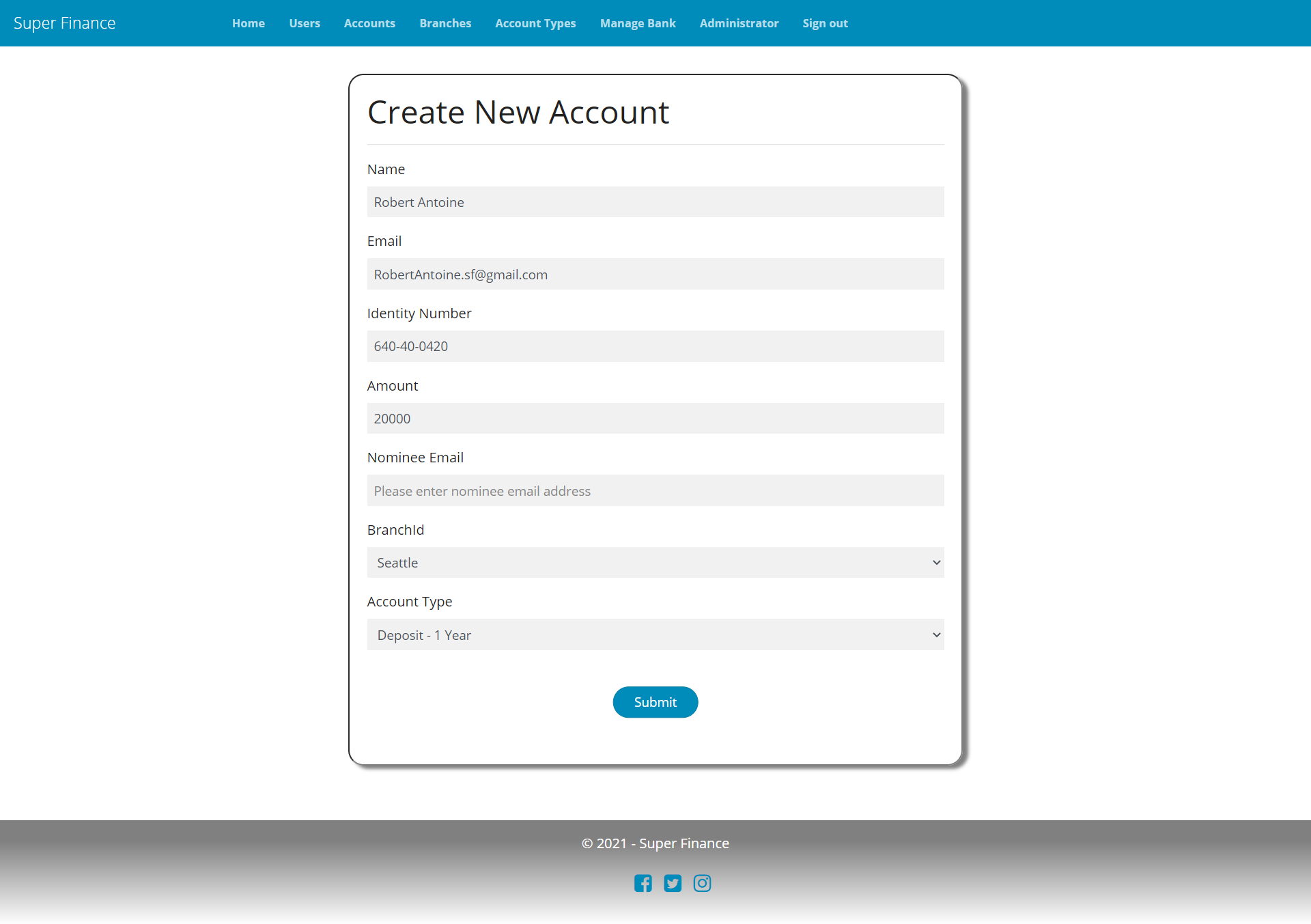 Showing account creation page