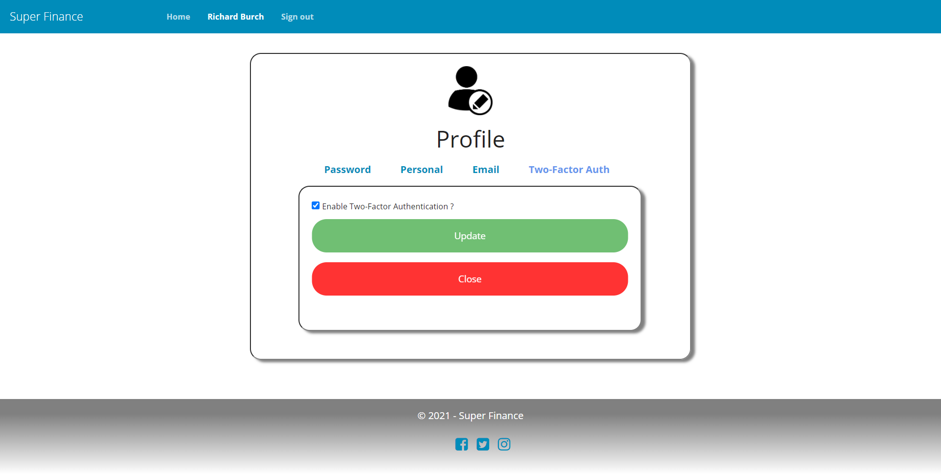 Showing user 2FA setting page